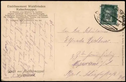Kuhschnappel St. Egidien  Etablissement Waldfrieden 1928   Bahnpost