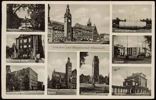 Chemnitz Mehrbild-AK mit Stadtbad, Industrie-Schule, Bismarck-Turm uvm. 1942