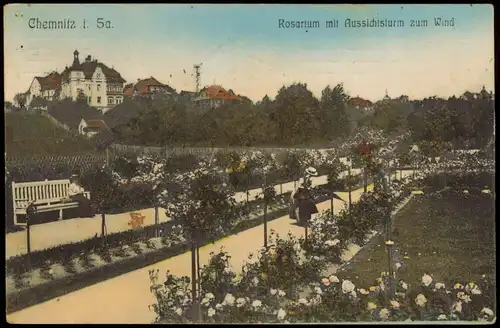 Chemnitz Panorama-Ansicht mit Rosarium und Aussichtsturm zum Wind 1910