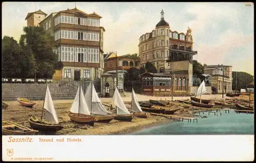 Ansichtskarte Sassnitz Strand und Hotels. 1908
