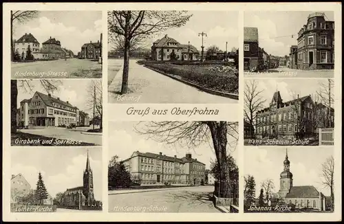 Ansichtskarte Limbach-Oberfrohna MB: Bahnhof, Girobank, Schule 1941