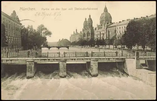 Ansichtskarte München Partie an der Isar mit Steinsdorfstrasse 1907
