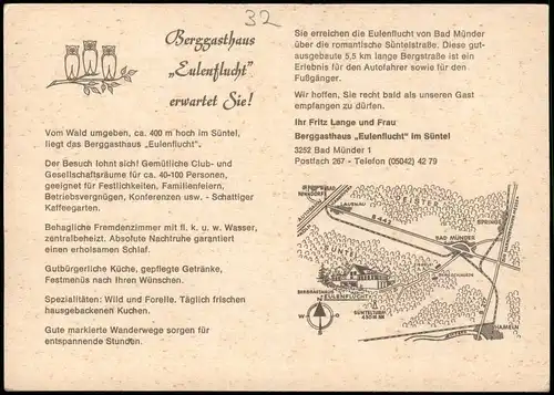 Bad Münder (Deister)  Berggasthaus „Eulenflucht" Reklame-Karte 1970