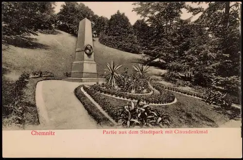Ansichtskarte Chemnitz Partie aus dem Stadtpark mit Clausdenkmal 1907