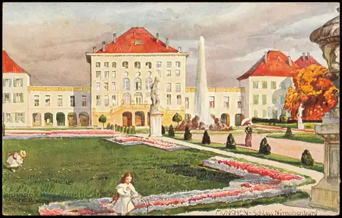 Ansichtskarte München Schloss Nymphenburg Aquarellkarte 1912