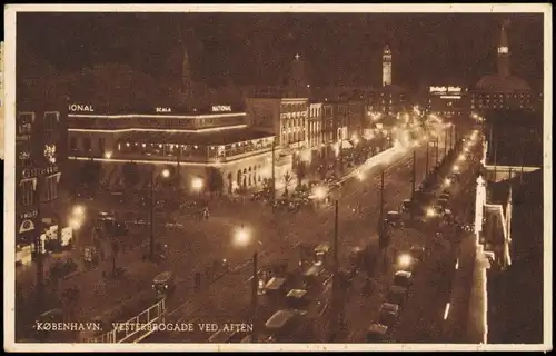 Postcard Kopenhagen København Vesterbrogade by Night 1937