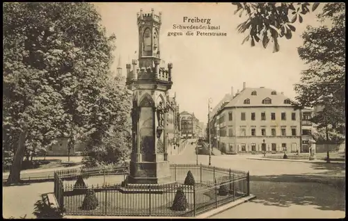 Ansichtskarte Freiberg (Sachsen) Petersstraße, Schwedendenkmal 1935