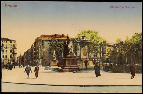 Postcard Breslau Wrocław Strassen Partie am Bismarck-Brunnen 1918