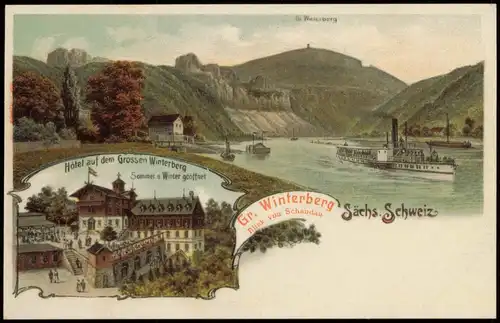 Litho AK Bad Schandau Elbe mit Dampfer & Hotel auf dem Grossen Winterberg 1905