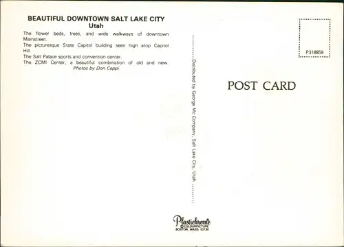 Postcard Salt Lake City Beautiful Downtown, City Views, UTAH 1980