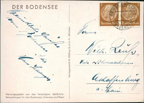 Ansichtskarte  Relief Postkarte vom Bodensee 1937 Stempel FRIEDRICHSHAFEN