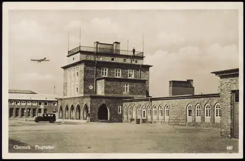 Ansichtskarte Chemnitz Flughafen, Auto - Flugzeug 1932