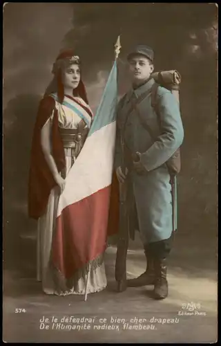.Frankreich Patriotika Frankreich Patrie France Soldat schöne Frau Fahne 1916