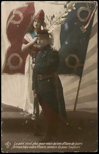 .Frankreich Patriotika France Militär Frau u. Soldat Flaggen Fotokunst 1916