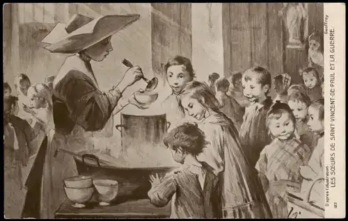 CPA .Frankreich France Künstlerkarte Essensausgabe an Kinder 1914