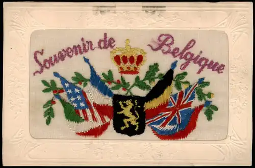 Postkaart Belgien Stoffkarte Stickereien Flaggen 1919