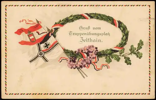 Ansichtskarte Zeithain Patriotika Flaggen Lorberkranz 1916