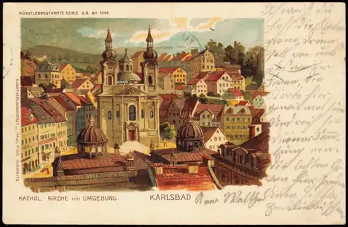 Postcard Karlsbad Karlovy Vary Künstlerkarte Kirche mit Umgebung 1908