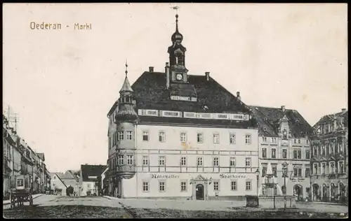 Ansichtskarte Oederan Marktplatz, Sparkasse Ratskeller 1919