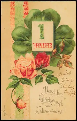 Ansichtskarte  Glückwunsch Geburtstag Birthday Kleeblatt Rosen 1. Januar 1912