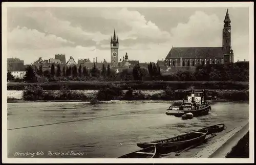 Ansichtskarte Straubing Stadt Donau, Dampfer und Schlepper 1938