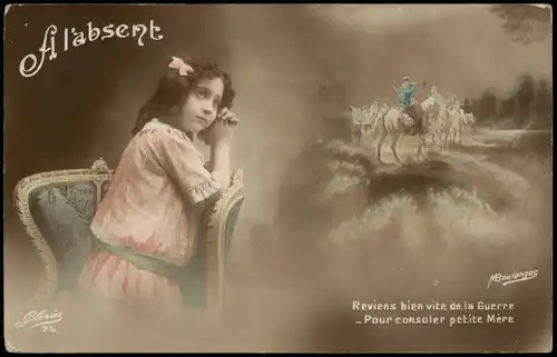 CPA .Frankreich Patriotika France Kind auf Sessel Kriegsszene 1916