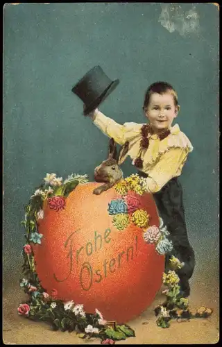 Glückwunsch Ostern (Easter) Junge mit Riesen-Osterei u. Hase 1941