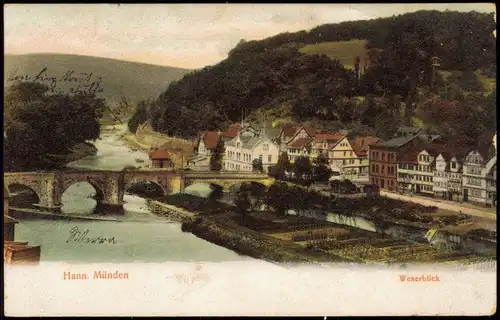 Ansichtskarte Hann. Münden Panorama-Ansicht Brücke Fluss Weser Häuser 1908