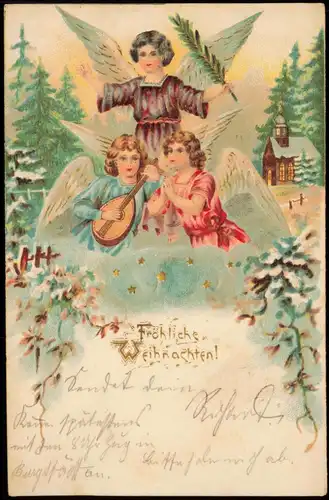 Ansichtskarte  Weihnachten Engel Angel vor Kirche 1902 Goldrand/Prägekarte