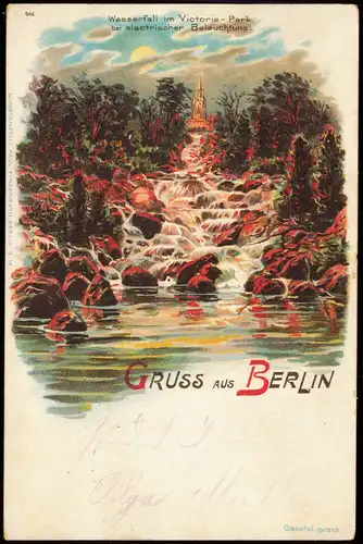 Litho AK Kreuzberg Berlin Wasserfall Victoria Park electrische Beleuchtung 1899