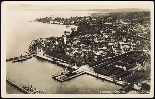 Ansichtskarte Friedrichshafen Luftbild Hafen und Bahnhof 1938