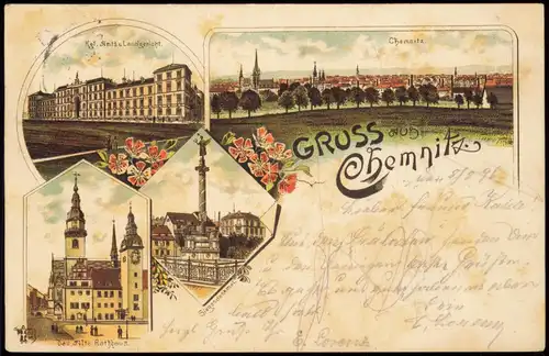 Ansichtskarte Litho AK Chemnitz Siegesdenkmal, Landgericht, Stadt 1896
