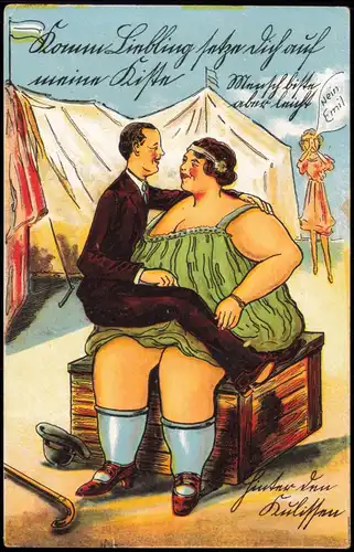 Ansichtskarte  Scherzkarte Mann sitzt auf korpulenter Frau 1917