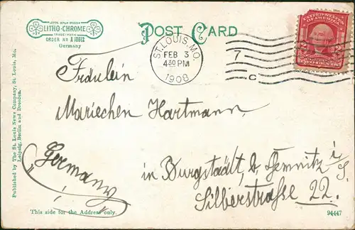 Postcard Saint Louis City View (Ortsansicht) Planter's Hotel 1908   (gelaufen nach BURGSTÄDT)