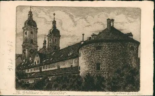 St. Gallen Künstlerkarte Klosterkirche Kloster Turm Gebäude 1926