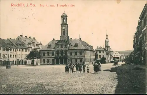 Ansichtskarte Rochlitz Kinder auf dem Markt und Hauptstraße 1915   Frankatur