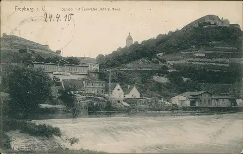 Ansichtskarte Freyburg Unstrut Schloß mit Turnvater Jahn's Haus. 1910 Bahnpost