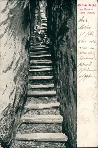 Hohnstein Sächsische Schweiz Wolfschlucht Hockstein Mann auf Holztreppe 1910