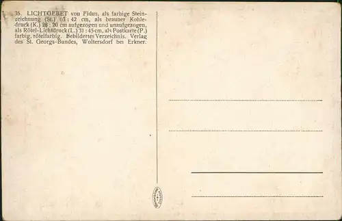 Künstlerkarte LICHTGEBET von Fidus, farbige Steinzeichnung/Kohledruck 1910