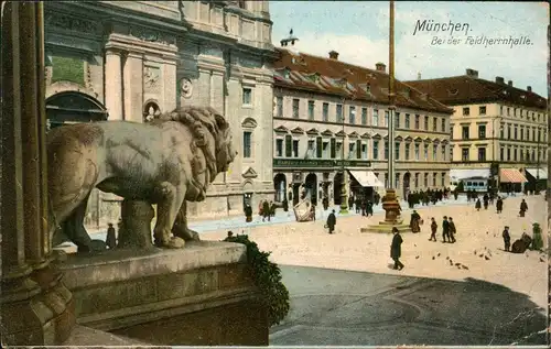 Ansichtskarte München Feldherrnhalle Blick zu Geschäften 1907