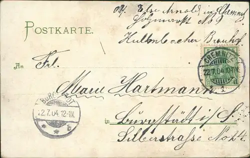 Ansichtskarte Litho AK Chemnitz Becker-Denkmal und Börse 1904 (Ankunftsstempel)