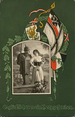 Militär & Soldatenleben 1. Weltkrieg: Soldat mit Frau Patriotik Fahnen 1915