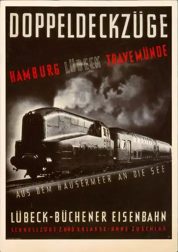 LÜBECK-BÜCHENER EISENBAHN SCHNELLZUG altes Plakat (anno 1935) Künstlerkarte 1980