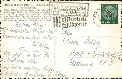 Neustädtel-Schneeberg (Erzgebirge) Filzteich, Strand 1937  gel. Landpoststempel