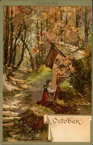 Ansichtskarte  Monatsgrüße OKTOBER Mädchen vor Kapelle Künstlerkarte 1908