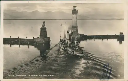 Ansichtskarte Lindau (Bodensee) Ausfahrt aus dem Hafen, Dampfer 1929