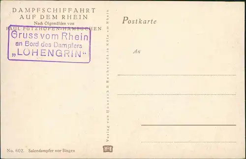 Bingen Rhein DAMPFSCHIFFAHRT Pützhofen 1920 Bordpoststempel Dampfer LOHENGRIN