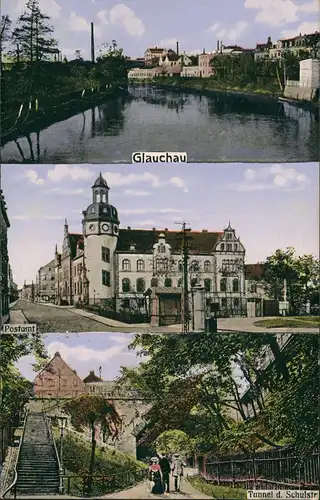 Glauchau Mehrbildkarte mit Postamt und Tunnel a.d. Schulstraße 1919