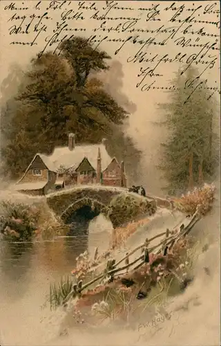 Ansichtskarte  Künstlerkarte Hayes Landschaft mit Brücke 1905   gelaufen ab Stempel HARTMANNSDORF nach Burgstädt (Ankunftsstempel)