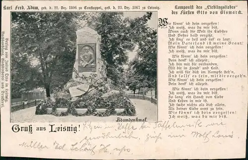 Ansichtskarte Leisnig Adam-Denkmal, Lied-Text 1915   1. Weltkrieg Feldpost